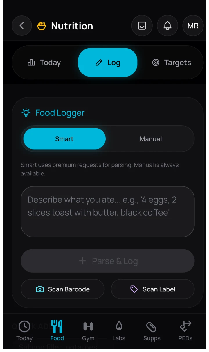VitalStack nutrition log screen with smart and manual food logging