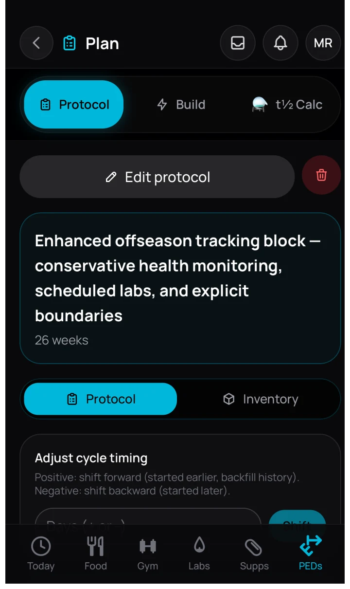 VitalStack protocol screen with timing, inventory, and half-life calculator tabs