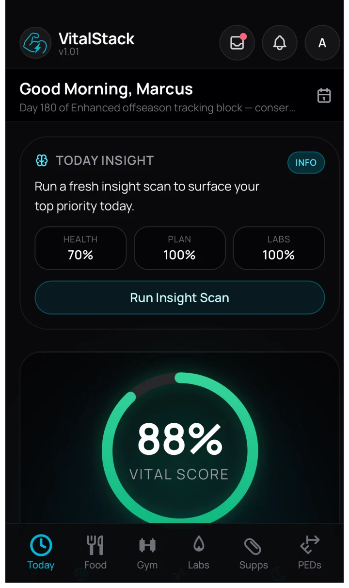 VitalStack Today dashboard showing insight scan and vital score